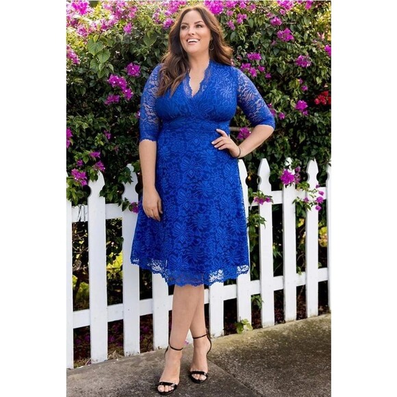 NWT Kiyonna Mademoiselle Lace Cocktail Dress 3X Sapphire Blue Scalloped Lace - Picture 1 of 11